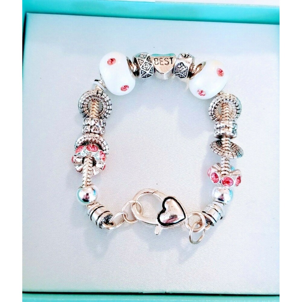 Mother's Bracelet Silver W/Pink & White NIB "Best Mom" Sliding Beads